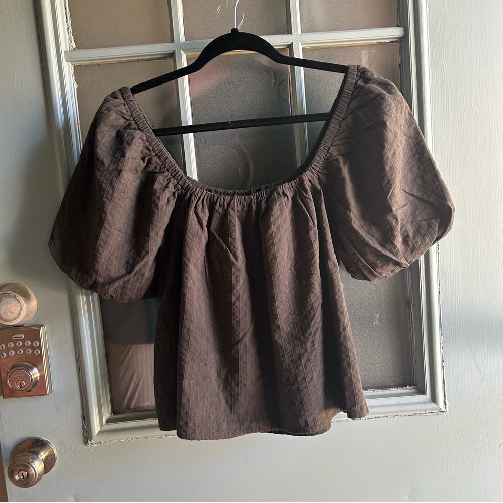 NWT Off the Shoulder Seersucker Puff Sleeve Aerie A Line Top Smoked Gray Large - Picture 4 of 10